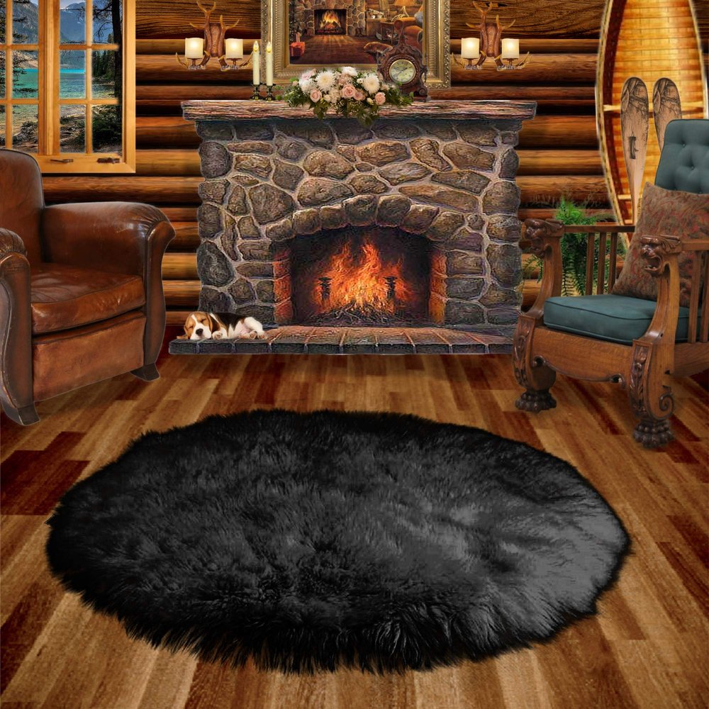 Black Shag Area Rug - Round - Premium Shaggy Faux Fur Sheepskin - Fur Accents Original USA (8' Diameter)