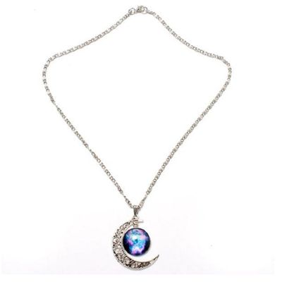 #11 Galaxy Moon Universe Glass Cabochon Crescent Pendant Chain Necklace by 24/7 store