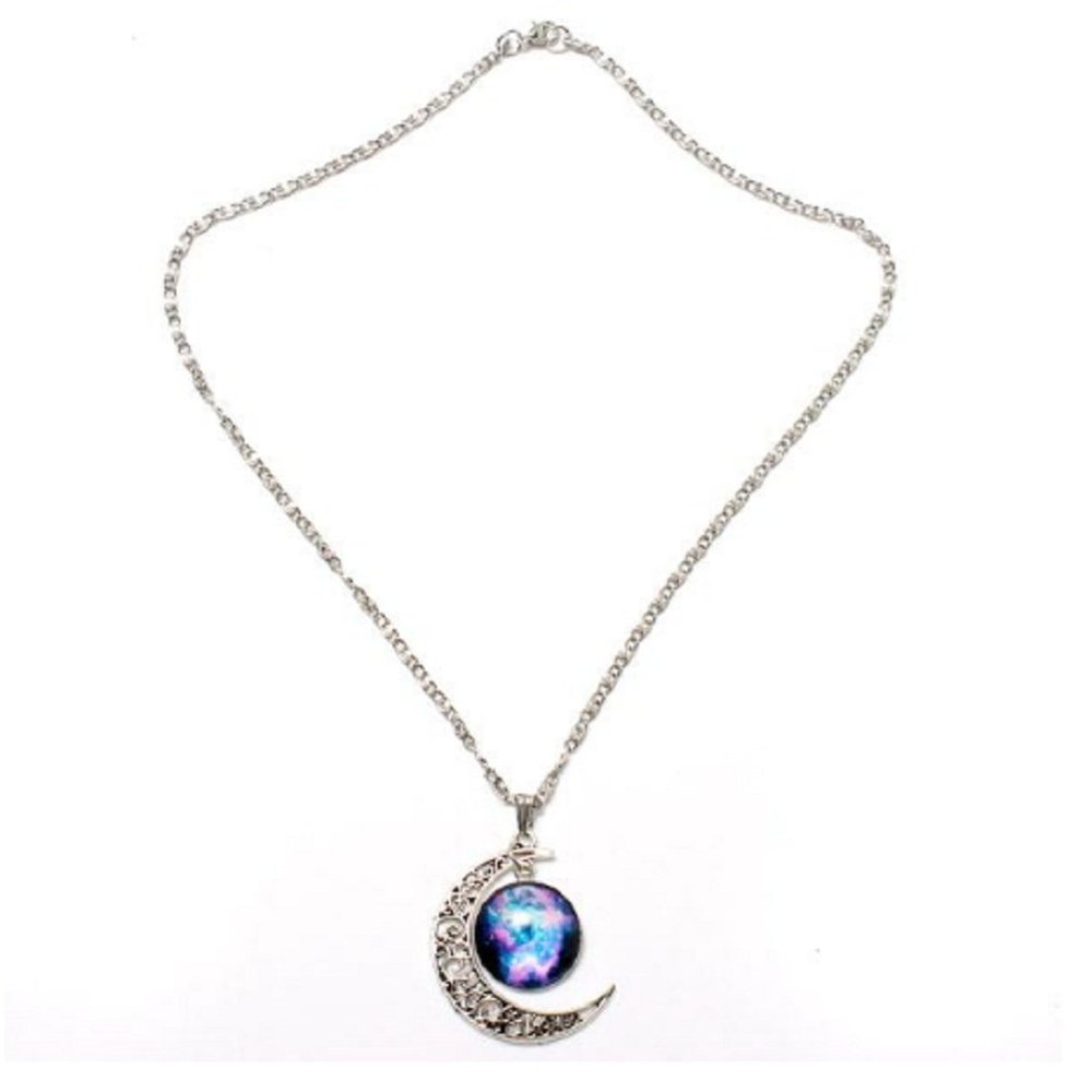 #11 Galaxy Moon Universe Glass Cabochon Crescent Pendant Chain Necklace by 24/7 store