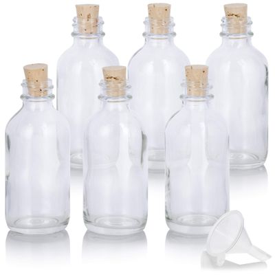 2 oz Clear Glass Boston Round Bottle with Cork Stopper Closure (6 Pack) + Funnel