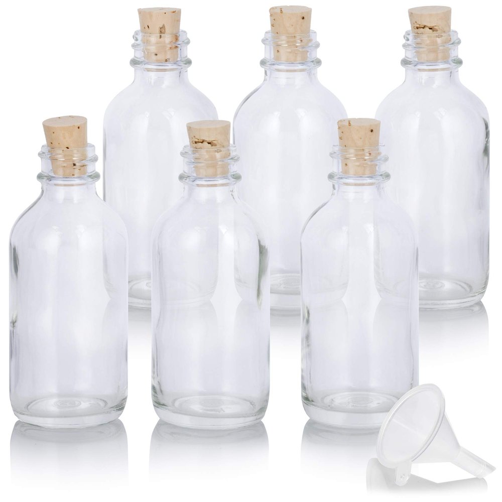 2 oz Clear Glass Boston Round Bottle with Cork Stopper Closure (6 Pack) + Funnel