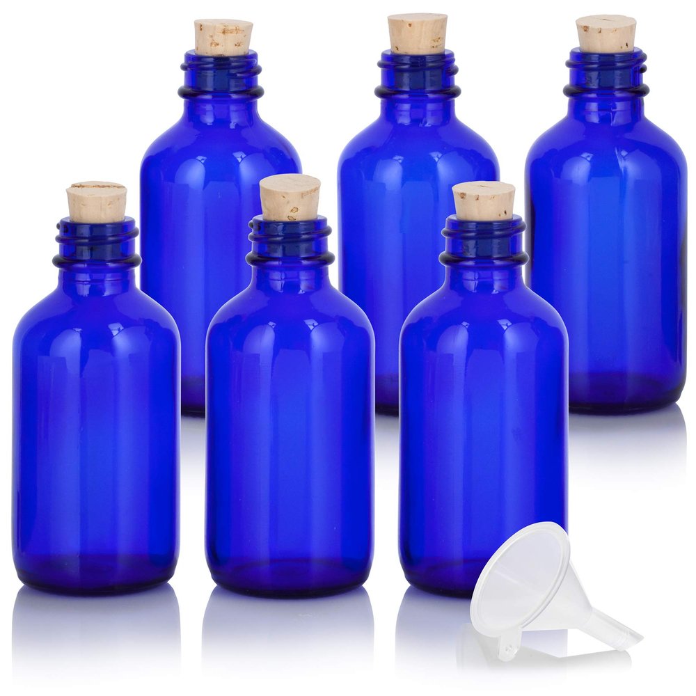 JUVITUS 2 oz Cobalt Blue Glass Boston Round Bottle with Cork Stopper Closure (6 Pack) + Funnel