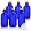JUVITUS 2 oz Cobalt Blue Glass Boston Round Bottle with Cork Stopper Closure (6 Pack) + Funnel view 1