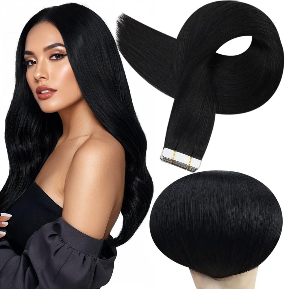 Full Shine Tape ins Human Hair Extensions 22Inch Black Remy Hair Extension Real Human Hair Seamless Skin Weft for Long Extension 20Pcs 50G Tape in Double Sided Tapes for Wedding Add Length