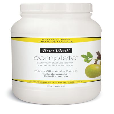 Bon Vital Complete Massage Creme, 1-Gallon, Unscented Non-Greasy Cream with Marula, Olive & Jojoba Oils, Hypoallergenic Moisturizer for Professional or Home Use, Premium Dual-Purpose, Massage Therapy