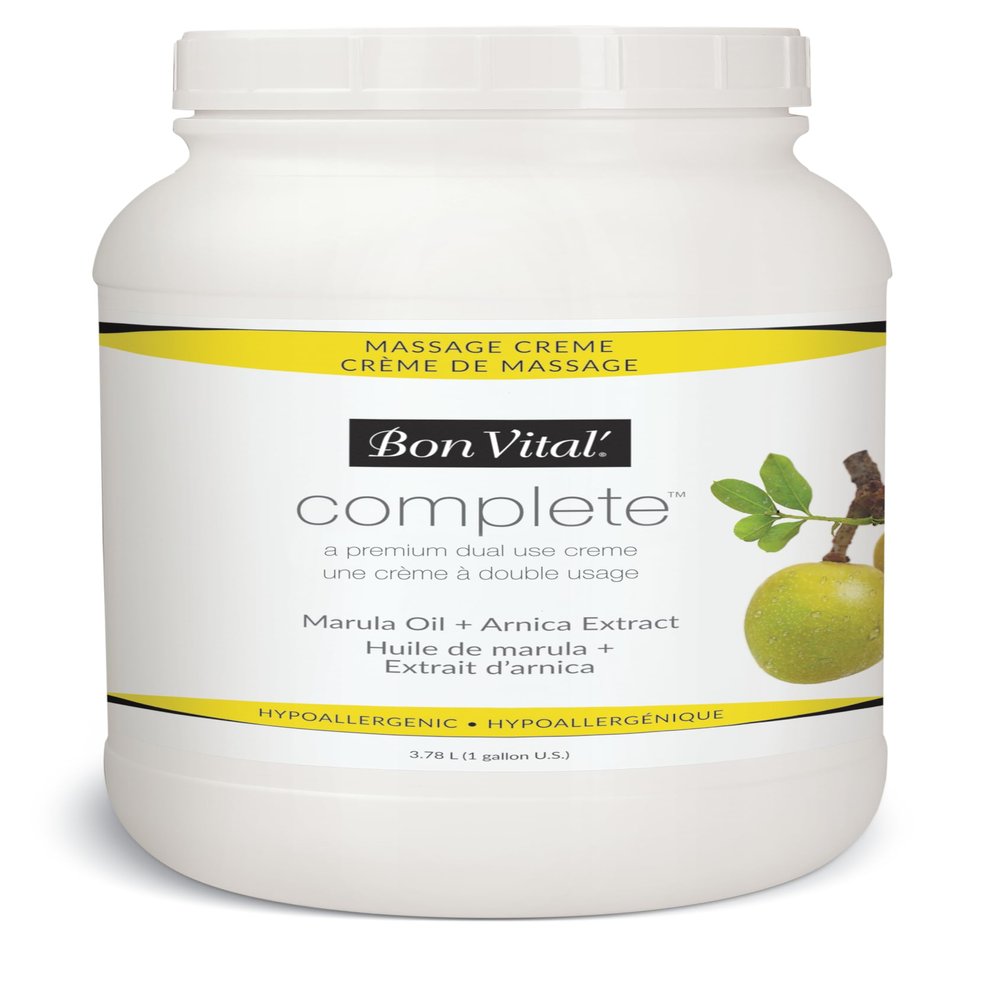 Bon Vital Complete Massage Creme, 1-Gallon, Unscented Non-Greasy Cream with Marula, Olive & Jojoba Oils, Hypoallergenic Moisturizer for Professional or Home Use, Premium Dual-Purpose, Massage Therapy