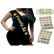 21st Birthday Sash and Tattoos Set - Black Satin Sash " Finally 21" and 40 Pieces Gold Temporary Tattoos