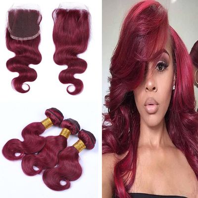 Cloud Hair Burgundy Human Hair 3Bundles With Lace Closure 4x4 Pure Color 99J Body Wave Hair Weft And Top Closure With Baby Hair (10 12 14+8 inch closure)