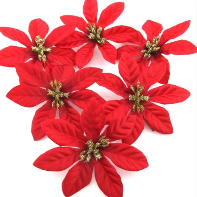 6 Piece Lot Red and Gold 3 1/2" Poinsettia Silk Flower Hair Clips