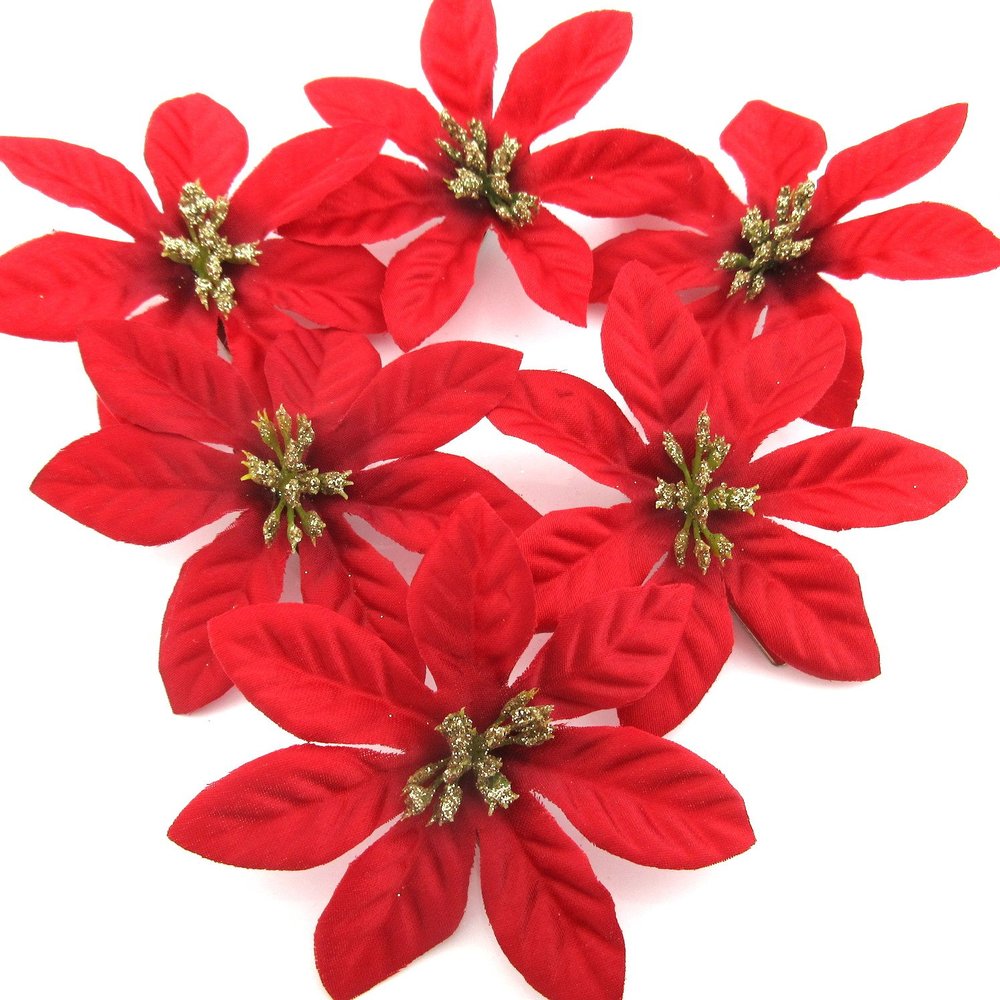 6 Piece Lot Red and Gold 3 1/2" Poinsettia Silk Flower Hair Clips