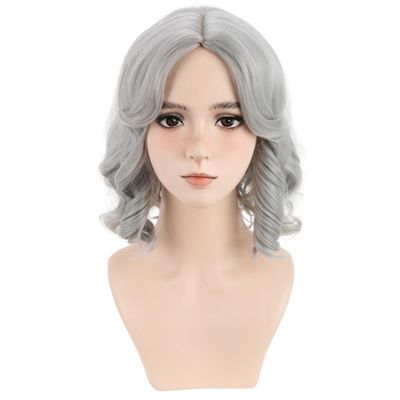 BERON Womens Silver White Short Wig Girls Curly Wavy Bob Hair Wig Shoulder Length Heat Resistant Synthetic Wigs for Daily or Cosplay Use