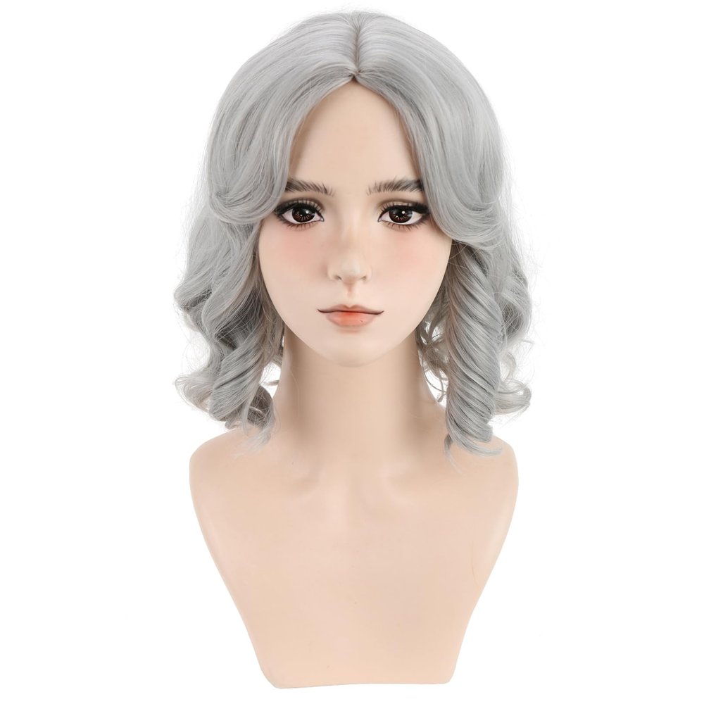 BERON Womens Silver White Short Wig Girls Curly Wavy Bob Hair Wig Shoulder Length Heat Resistant Synthetic Wigs for Daily or Cosplay Use