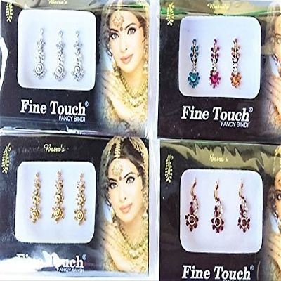 4 Pack Gold, Silver, Maroon and Multi Color Assorted Big Size Bollywood Head Bindi Tattoo Indian Art Rhinestone Stickon Reuseable