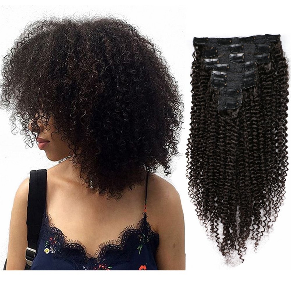 MEIEM Clip In Human Hair Extensions Brazilian Virgin African American 4B Kinky Curly Clip in Hair Extensions Natural Color Clip Ins For Black Women 8 Pcs 120g 14INCHES