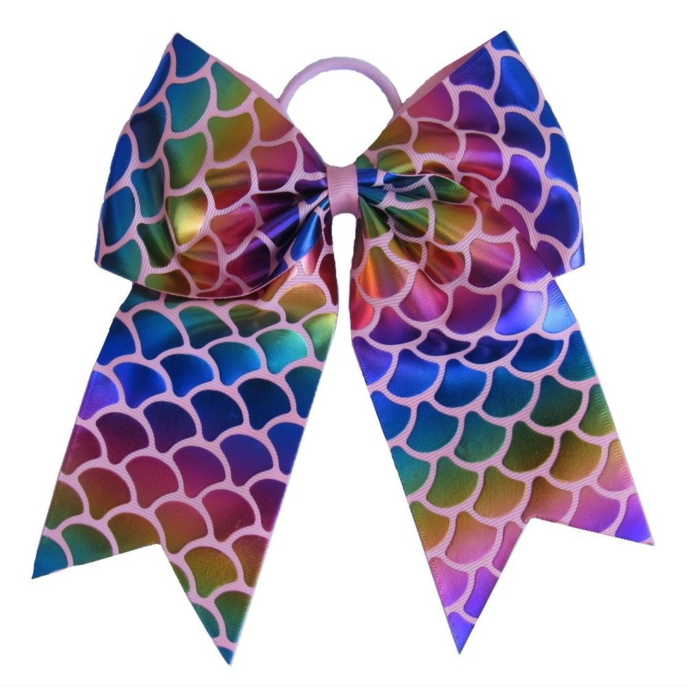 NEW "MERMAID FOIL Pink" Cheer Bow Pony Tail 7 Inch Hair Bows Cheerleading Dance Practice Football Games Competition Birthday Metallic Rainbow Sparkle Grosgrain Ribbon