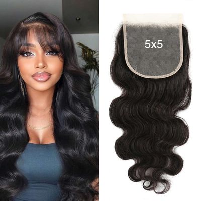 Greatremy 5x5 Lace Closure Remy Human Hair Body Wave, Full Cuticle Aligned to Avoid Tangle, Wavy Virgin Human Hair Transparent Lace Closure Pre-Plucked Hairline with Baby Hair 14 inch