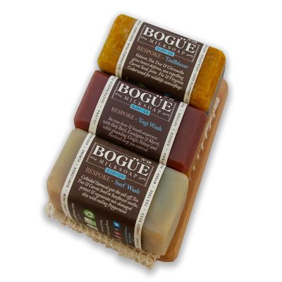 Goat Milk Soap 3 bar giftset- BOGUE BESPOKE Blends No.18 Surf Rider with cooling peppermint, No.19 NAMASTE Yoga Blend- Focus & Breath awareness & N28 Trailblazer for the woods