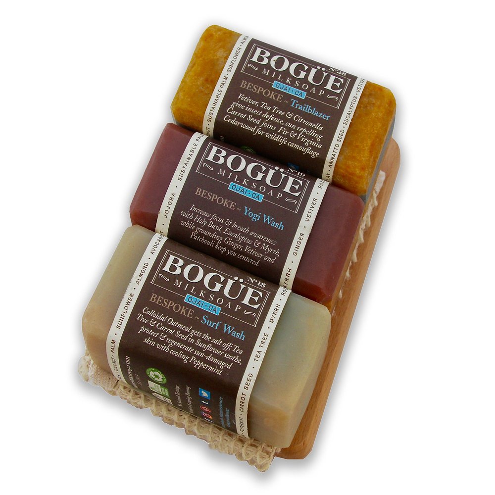 Goat Milk Soap 3 bar giftset- BOGUE BESPOKE Blends No.18 Surf Rider with cooling peppermint, No.19 NAMASTE Yoga Blend- Focus & Breath awareness & N28 Trailblazer for the woods