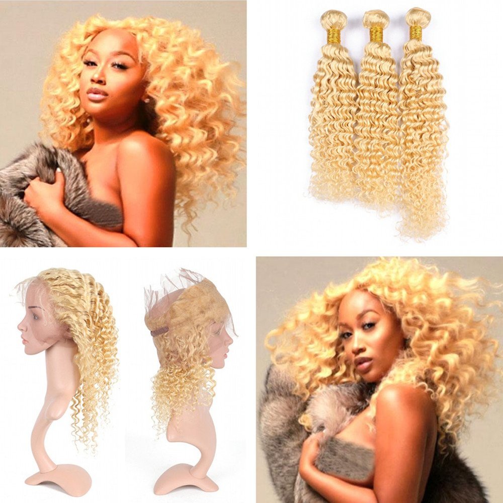 Cloud Hair Brazilian Deep Curly Human Hair 3Bundles With 360 Lace Frontal 22.5x4x2 Blench Blonde 613 Deep Wave Lace Frontal With Hair Weaves Extension 4Pcs/Lot (16 16 16+14 inch 360 frontal)