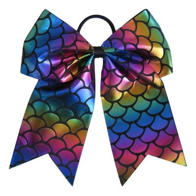 NEW "MERMAID FOIL Black" Cheer Bow Pony Tail 7 Inch Hair Bows Cheerleading Dance Practice Football Games Competition Birthday Metallic Rainbow Sparkle Grosgrain Ribbon