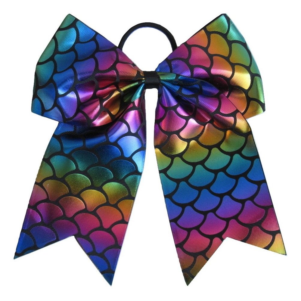 NEW "MERMAID FOIL Black" Cheer Bow Pony Tail 7 Inch Hair Bows Cheerleading Dance Practice Football Games Competition Birthday Metallic Rainbow Sparkle Grosgrain Ribbon