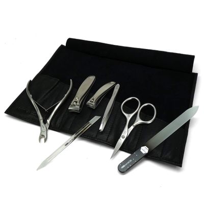 GERMANIKURE 7pc Manicure Set in Black Leather Case - FINOX Stainless Steel Tools Made in Germany, Glass Nail Care Supplies Made in Czech Republic Professional Cuticle and Nail Care Kit