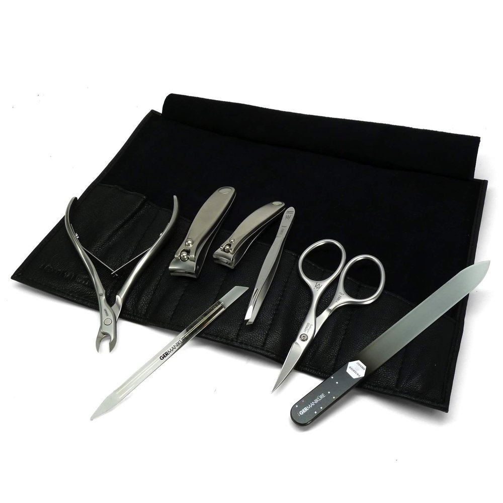GERMANIKURE 7pc Manicure Set in Black Leather Case - FINOX Stainless Steel Tools Made in Germany, Glass Nail Care Supplies Made in Czech Republic  Professional Cuticle and Nail Care Kit