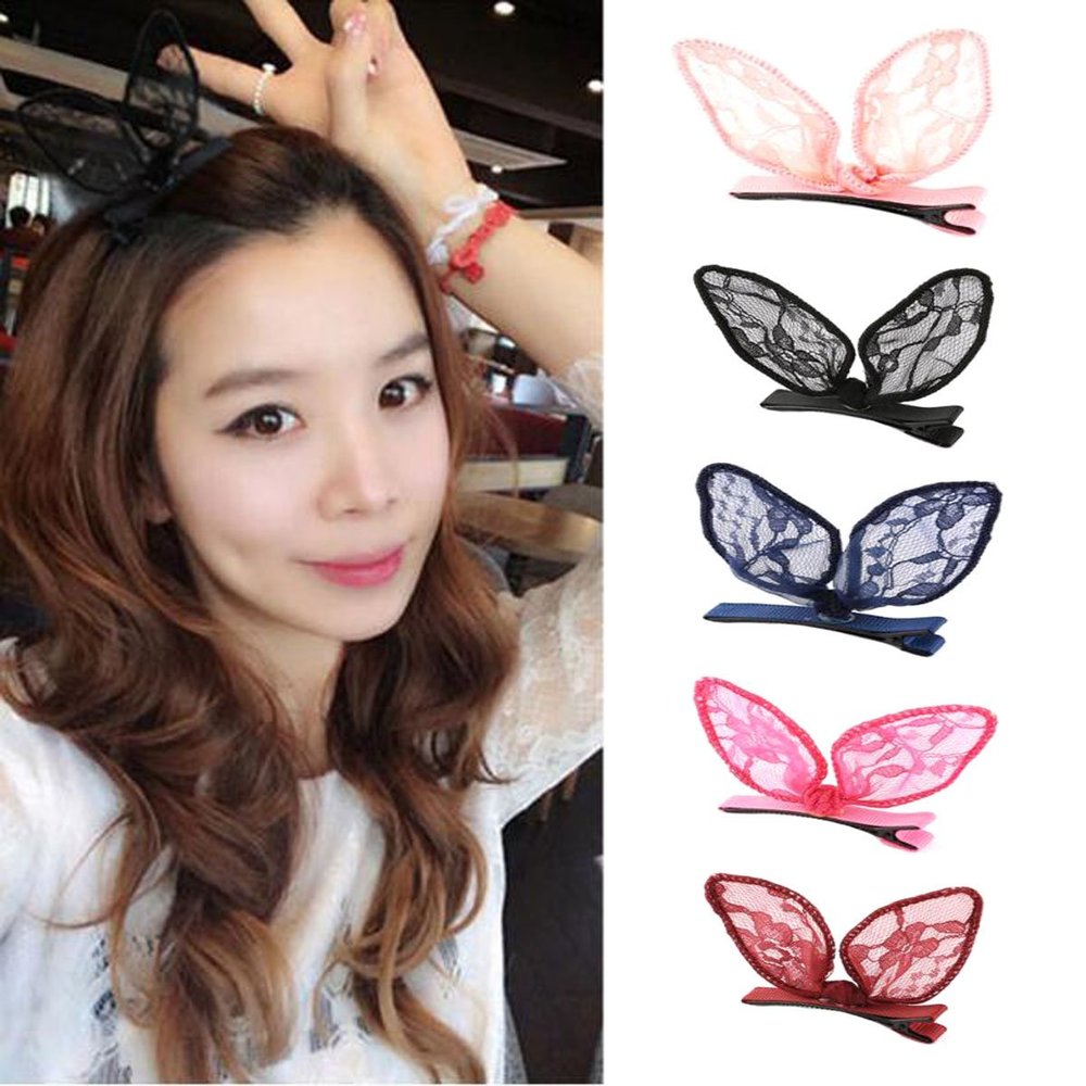 Numblartd 5 Pcs Cute Bunny Ears Lace Bow Hair Clip - Fashion Head Clip Hair Accessories for Women Lady (Color Random)