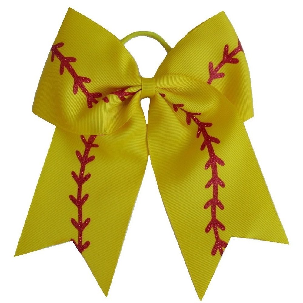 NEW "SOFTBALL Glitter" Cheer Bow Pony Tail 7 Inch Girls Hair Cheerleading Baseball Game Team Yellow Sports Grosgrain Ribbon