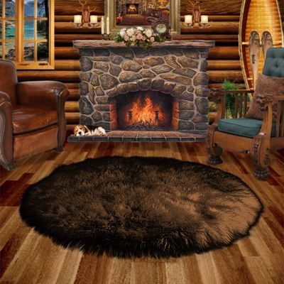 Dark Brown Shag Faux Fur Area Accent Throw Rug - Round - Faux Sheepskin - Bear Skin - Fur Accents Carpet - USA (60" Diameter)