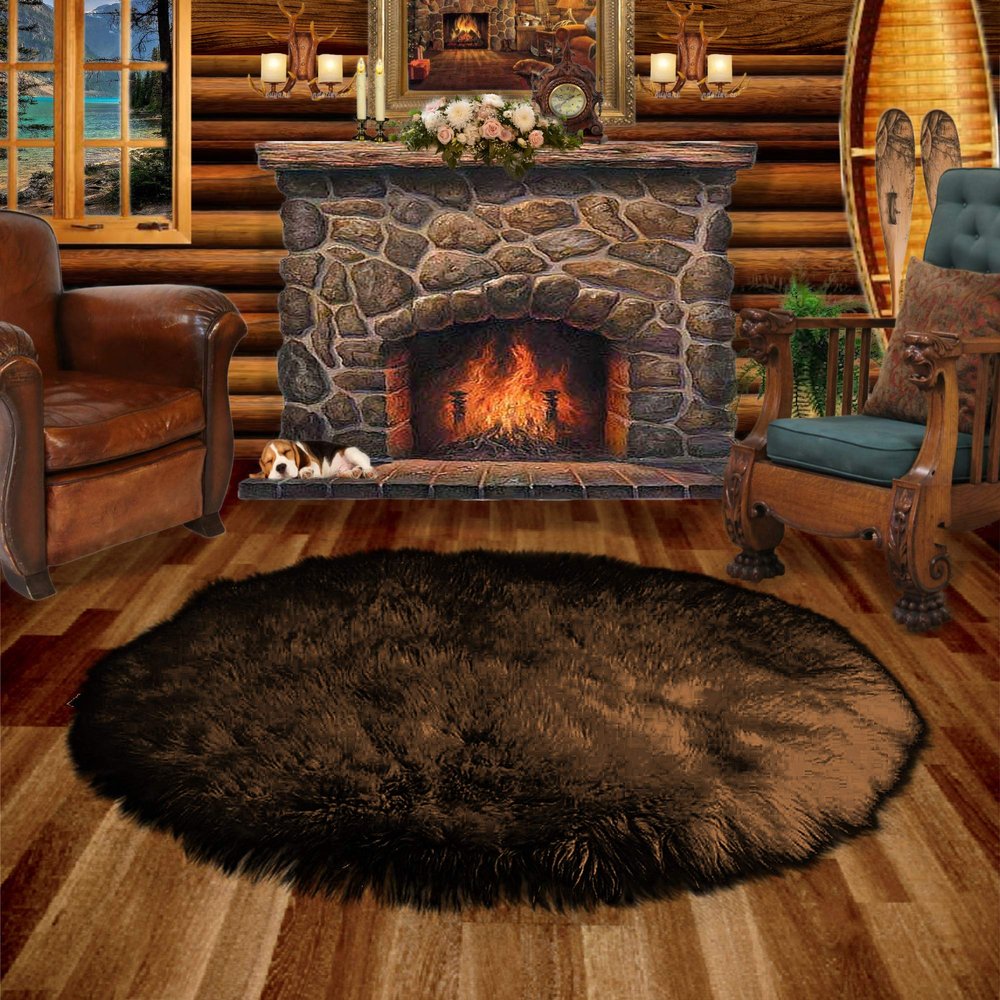 Dark Brown Shag Faux Fur Area Accent Throw Rug - Round - Faux Sheepskin - Bear Skin - Fur Accents Carpet - USA (60" Diameter)