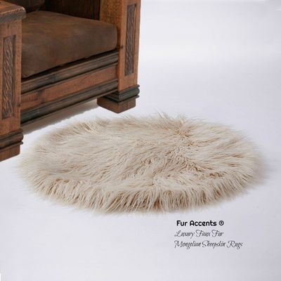 Long Hair Mongolian Faux Fur Sheepskin Area Accent Rug - Sandy Beige Color - Round Toss Rug - Fur Accents Original Designer Rugs (30'' Diameter)