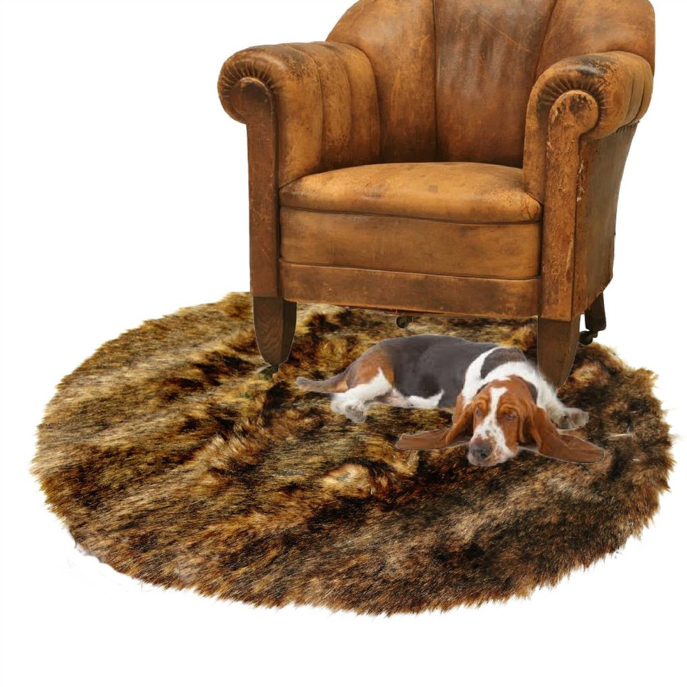 Golden Brown Wolf Area Rug - Round - Luxury Shag Faux Fur -Wolf - Coyote - Bear Skin - Fur Accents Original Designer Area Rug (60" Diameter)
