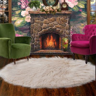 Long Hair Mongolian Faux Fur Sheepskin Area Accent Rug - Sandy Beige Color - Round Toss Rug - Fur Accents Original Designer Rugs (90" Diameter)