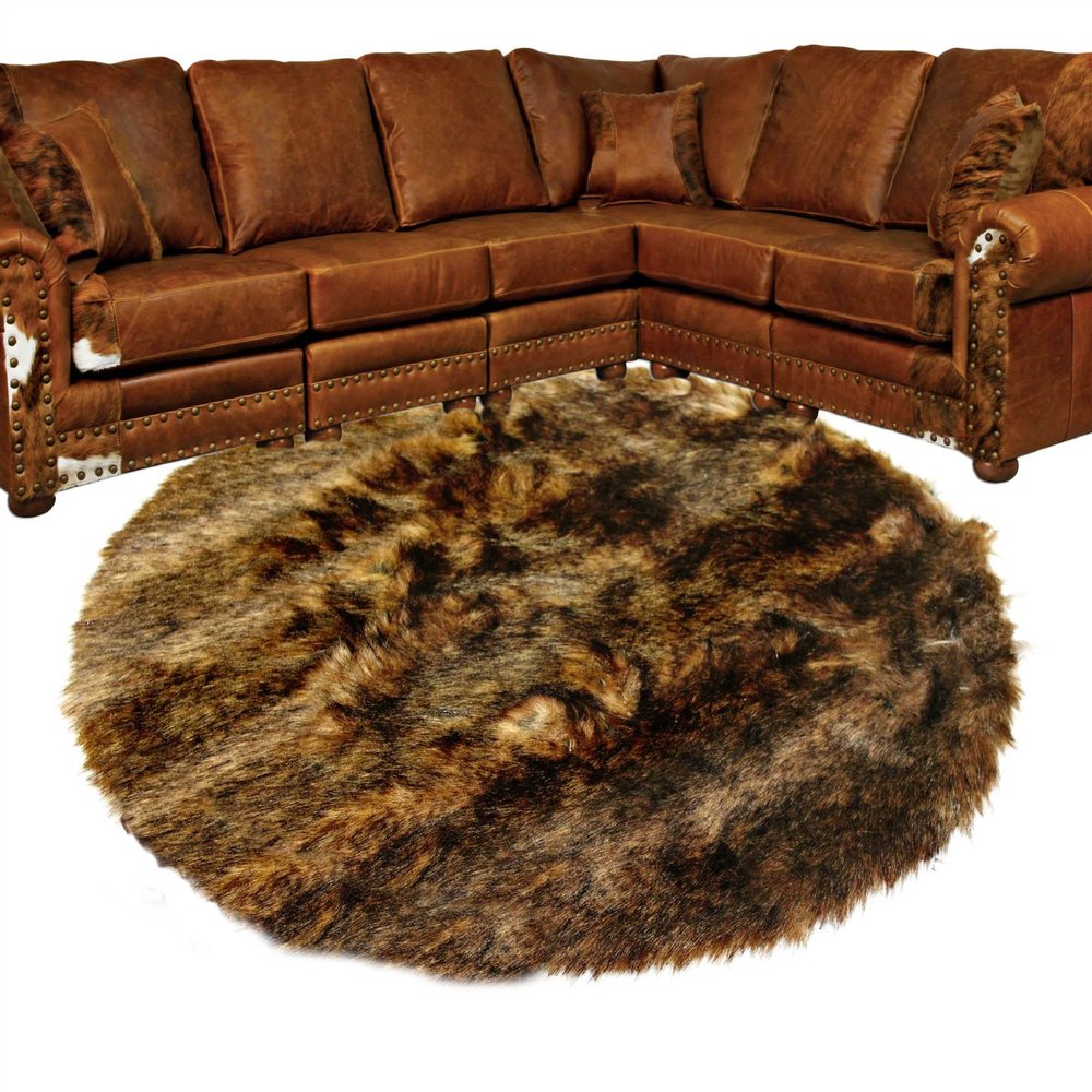 Golden Brown Wolf Area Rug - Round - Luxury Shag Faux Fur -Wolf - Coyote - Bear Skin - Fur Accents Original Designer Area Rug (110" Diameter)