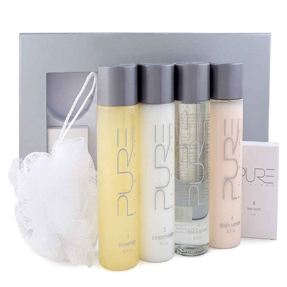 Pure by Gloss Gift Set  Fresh Lemon Scent  for All Hair and Skin Types  With Shampoo [8.5oz], Conditioner [8.5oz], Body Wash [8.5oz], Body Lotion [8.5oz], Body Bar [4oz], & Loofah  Cruelty Free