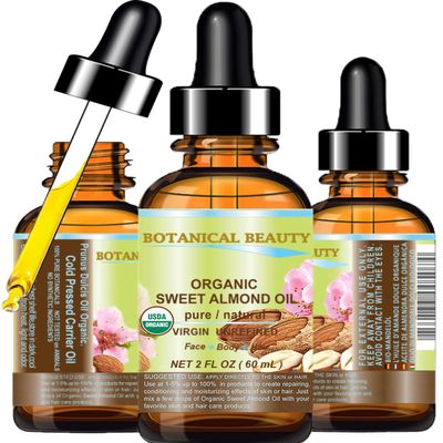 Botanical Beauty Organic SWEET ALMOND OIL 100% Pure Natural Virgin Unrefined Undiluted Cold Pressed Carrier Oil for Face, Skin, Body, Hair, Massage, Nails. 2 Fl. oz - 60 ml