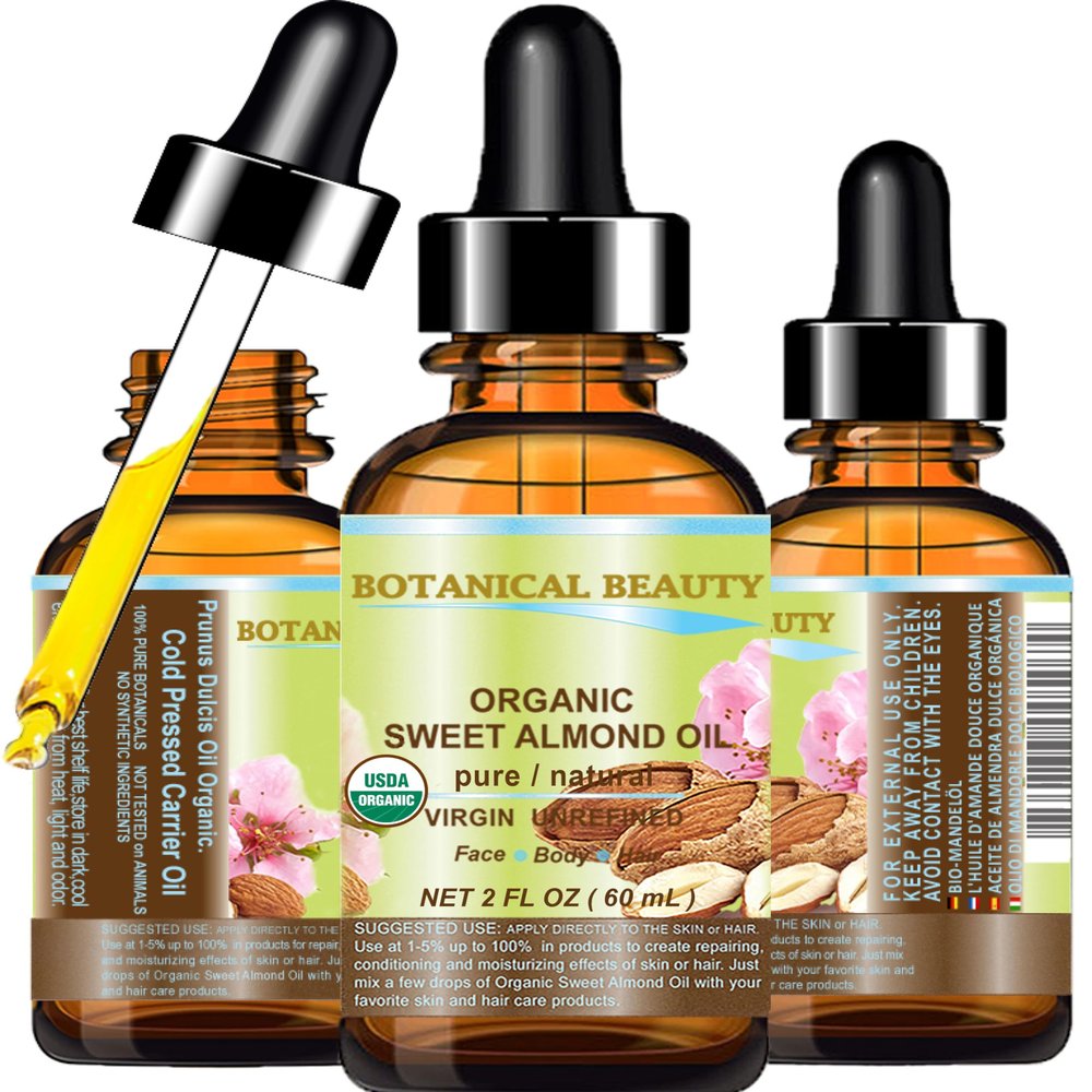 Botanical Beauty Organic SWEET ALMOND OIL 100% Pure Natural Virgin Unrefined Undiluted Cold Pressed Carrier Oil for Face, Skin, Body, Hair, Massage, Nails. 2 Fl. oz - 60 ml