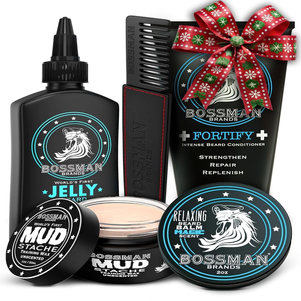 Bossman Complete Beard Kit  Men's Beard Oil Jelly, Fortifying Shower Conditioner, Balm, Mustache Wax & Comb  Beard Softener & Grooming Care  Men Gift Set (Magic Scent)