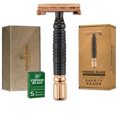 VIKINGS BLADE Double Edge Safety Razor for Men + 5 Swedish Steel Blades + Luxury Case. Smooth, Reusable, Eco-Friendly (Chieftain Odin)