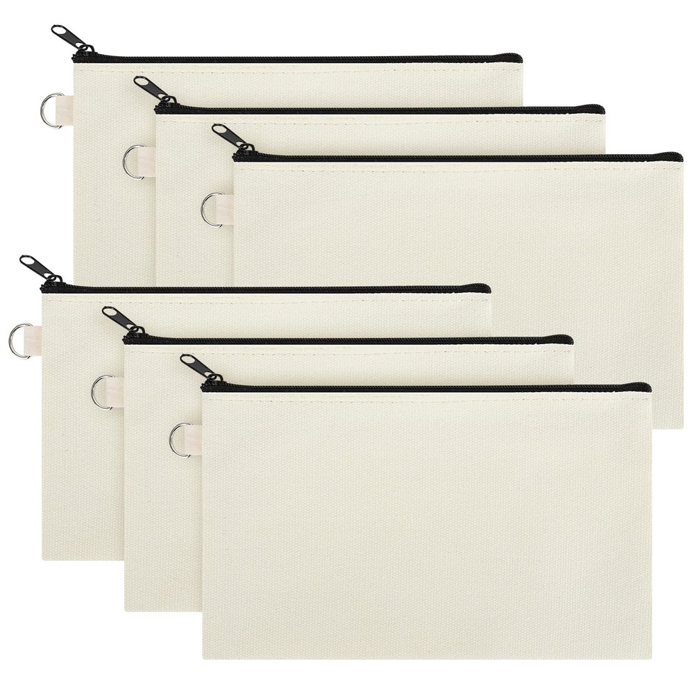 Aspire 6-Pack Canvas Makeup Bags, Blank Cotton Zipper Bags for DIY Craft, 7-3/4 x 4-1/2 Inch (Natural)