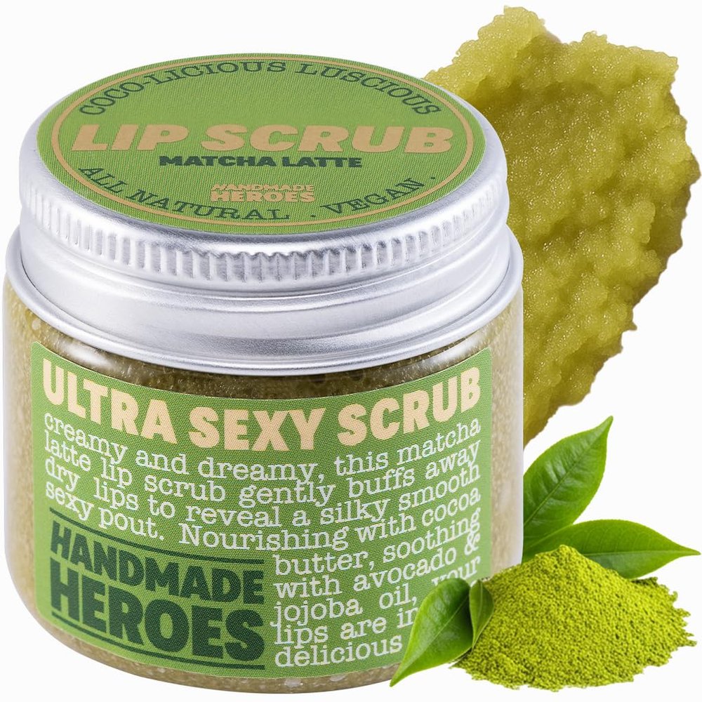 Handmade Heroes Matcha Latte Lip Scrub 1oz 100% Natural Vegan Skin Care Deep Conditioning Lip Scrub for Dry Lips with Jojoba Oil Avocado Oil - Natural Lightening Lip Exfoliator & Lip Plumper