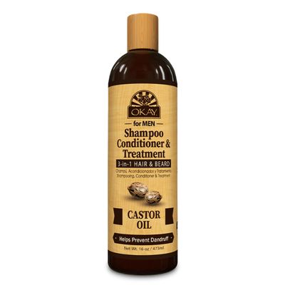 Okay-MEN 3 in 1 Shampoo and Conditioner - Castor Oil Shampoo and Conditioner, Beard Wash, Clarifying Treatment for Dry Damaged Hair, Dandruff, Curly Hair - 16 Fl Oz (Pack of 1)
