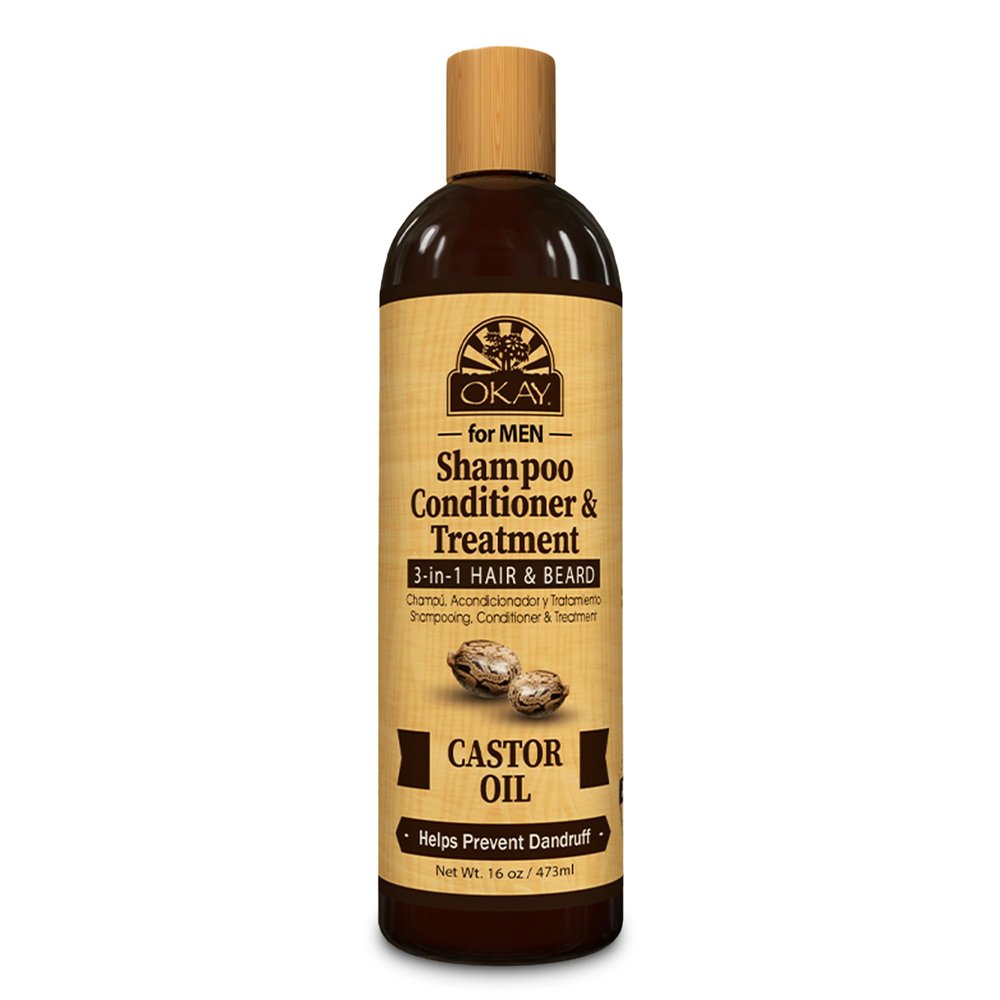 Okay-MEN 3 in 1 Shampoo and Conditioner - Castor Oil Shampoo and Conditioner, Beard Wash, Clarifying Treatment for Dry Damaged Hair, Dandruff, Curly Hair - 16 Fl Oz (Pack of 1)
