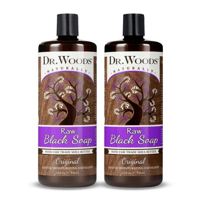 Dr. Woods Raw African Liquid Black Soap - Body Wash for Men and Women, Contains Organic Shea Butter, Gentle Exfoliant, Natural Cleanser for Face, Hands, and Body - 32 Fl Oz, Pack of 2