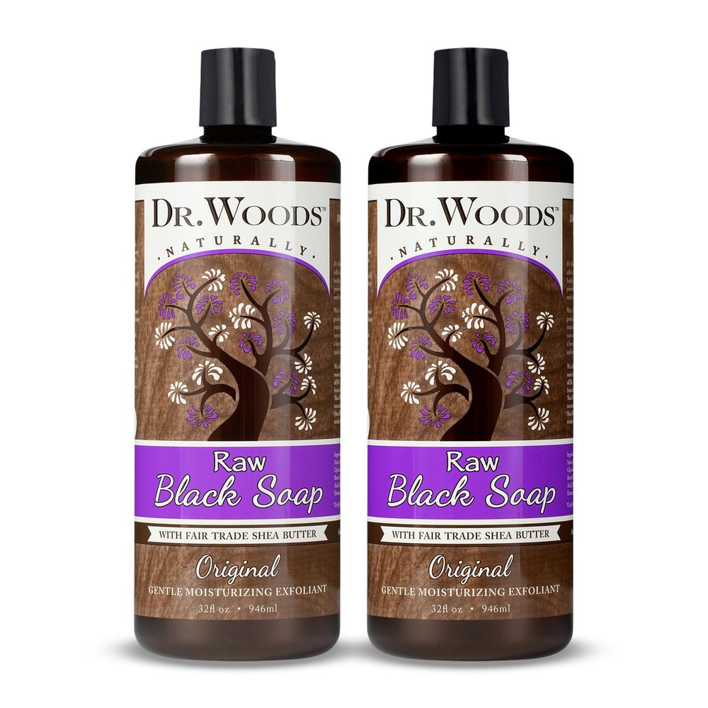 Dr. Woods Raw African Liquid Black Soap - Body Wash for Men and Women, Contains Organic Shea Butter, Gentle Exfoliant, Natural Cleanser for Face, Hands, and Body - 32 Fl Oz, Pack of 2