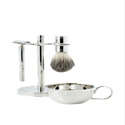 Bey-Berk BB02 Safety Razor & Pure Badger Brush with Soap Dish on Chrome Stand, Grey