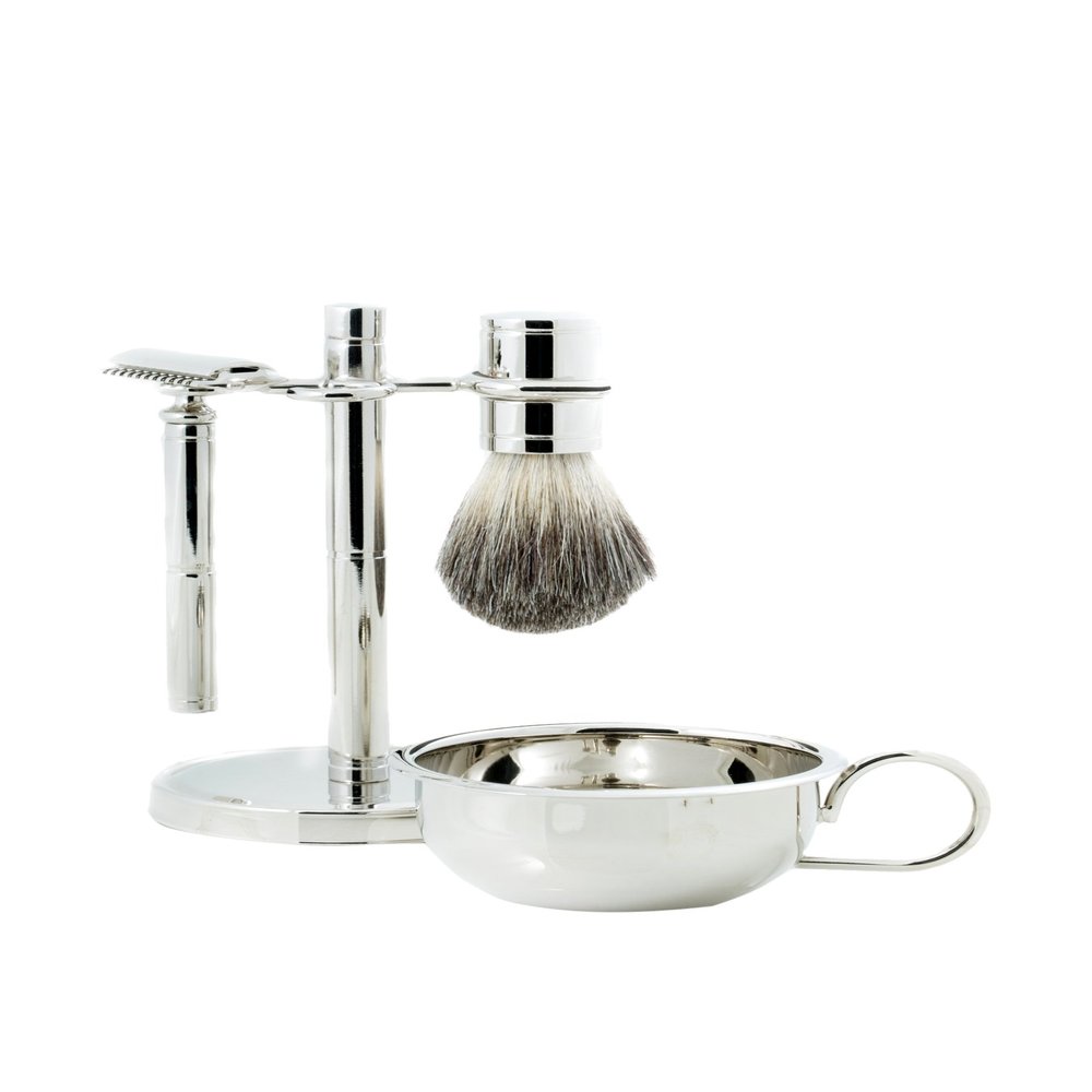 Bey-Berk BB02 Safety Razor & Pure Badger Brush with Soap Dish on Chrome Stand, Grey