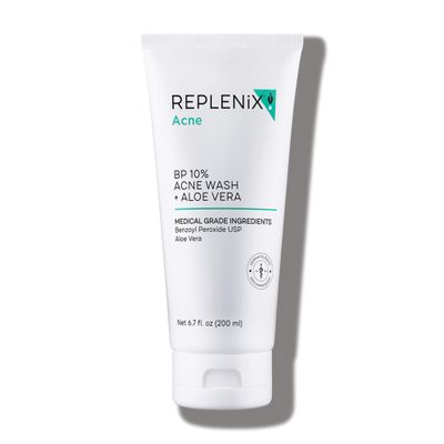 Replenix 10% Benzoyl Peroxide Acne Face Wash with Aloe, 6.7 Fl Oz  Clarifying Acne Treatment Cleanser for Face & Body, Gently Unclogs Pores, Soothes & Clears Breakouts Without Drying