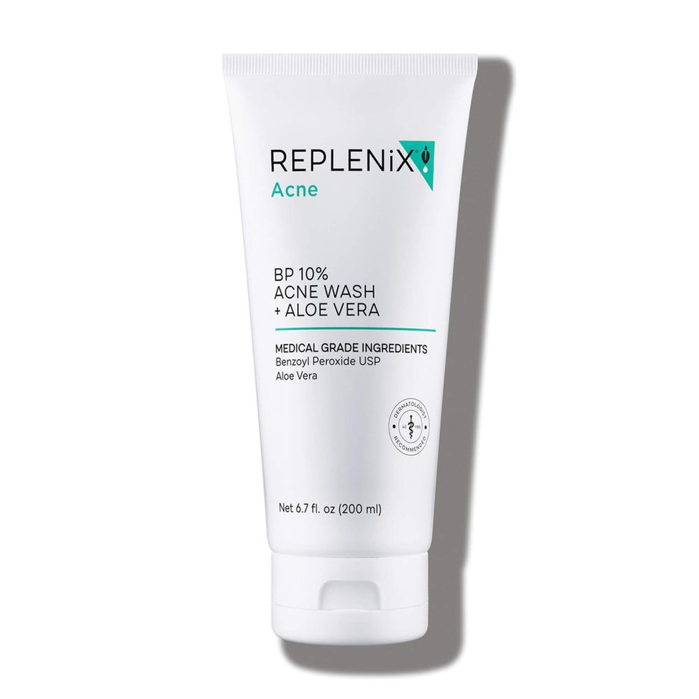 Replenix 10% Benzoyl Peroxide Acne Face Wash with Aloe, 6.7 Fl Oz  Clarifying Acne Treatment Cleanser for Face & Body, Gently Unclogs Pores, Soothes & Clears Breakouts Without Drying